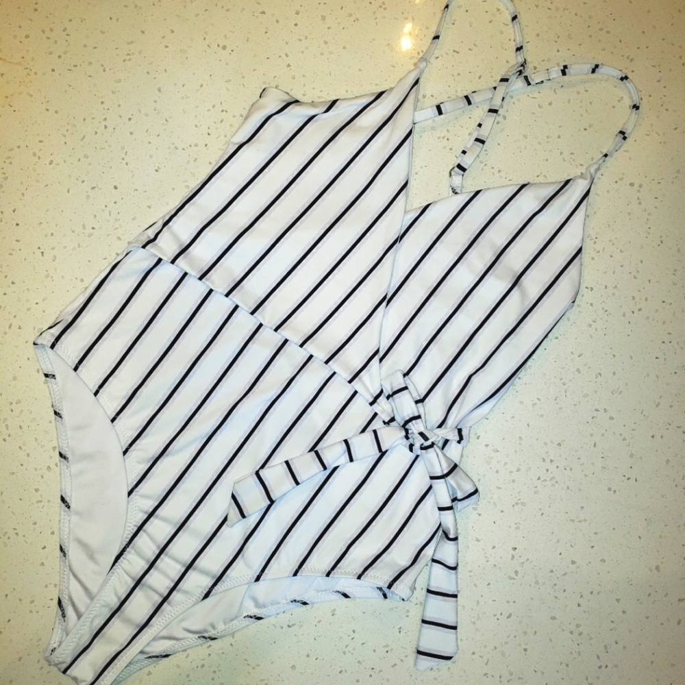 Womens pinstripe wrap tie wait one piece
